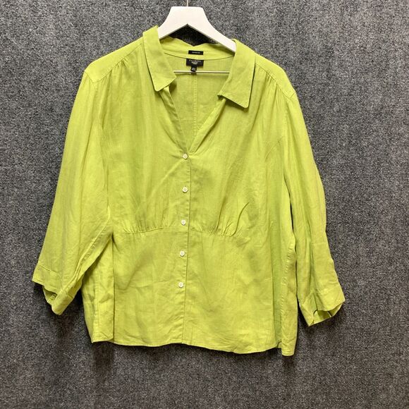 Talbots Shirt Top Womens 20W Green Pure Irish Linen Blouse Button 3/4  Sleeve - Picture 1 of 11